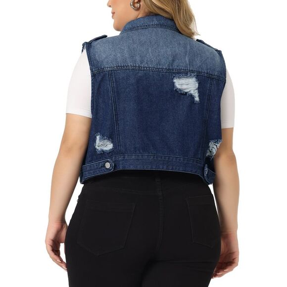 Plus Size Sleeveless Button Jean Crop Denim Jacket Vest Dark Blue - Picture 4 of 5